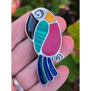 VTG Taxco Mexico TR-115 950 Sterling Colorful Glass Inlay Tucan/Parrot Brooch